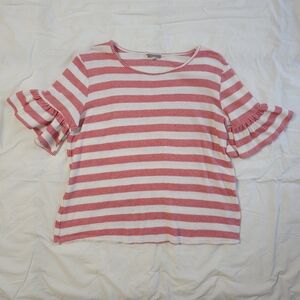 Pleione Red White Striped Ruffle Short Sleeve Knit Top